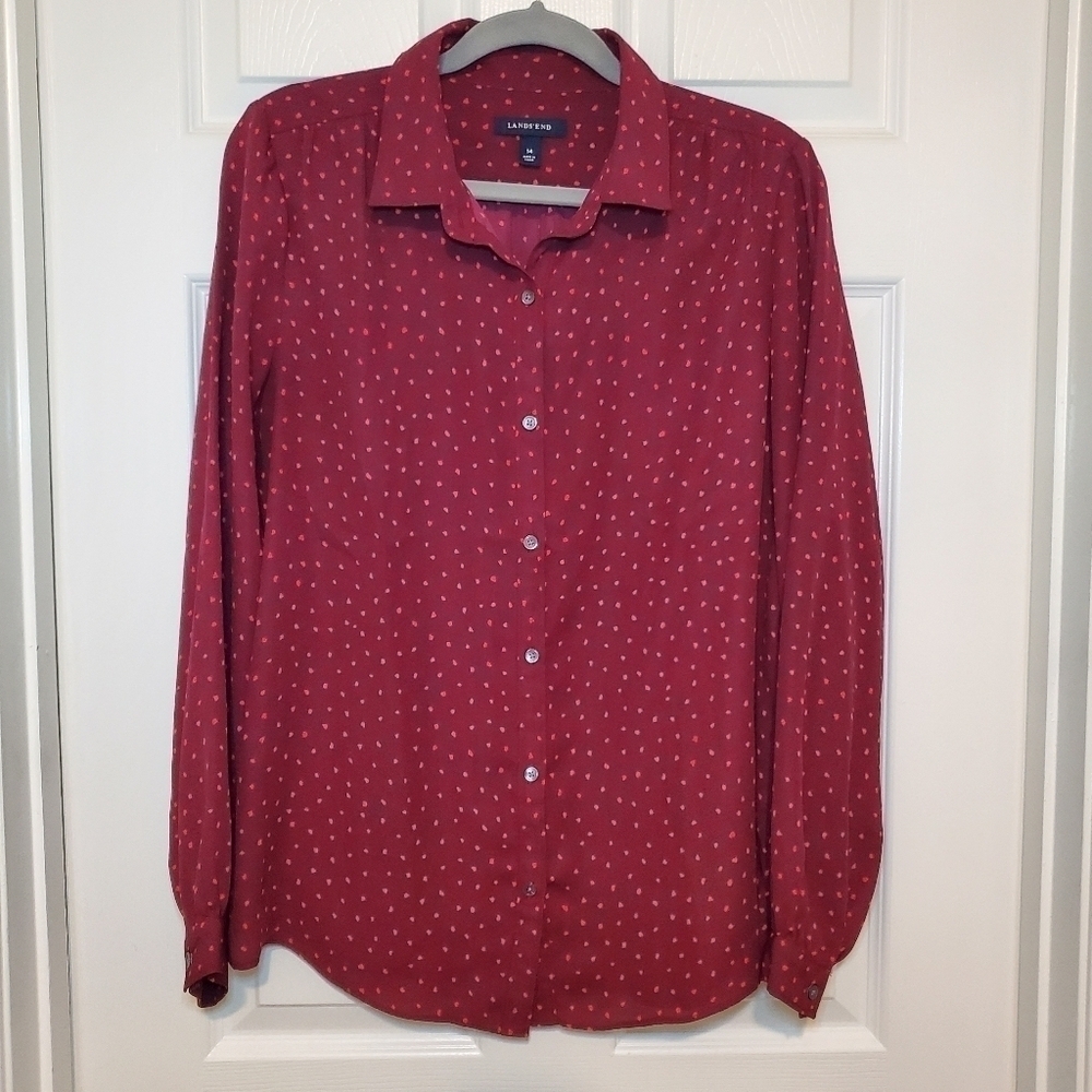 Lands End Burgundy Orange Dotted Abstract Button Up Top 14